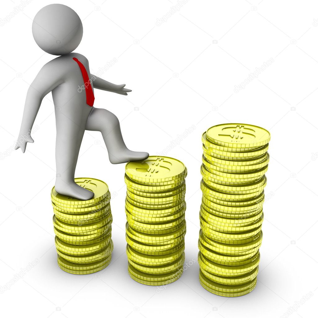 3d man walking on growth of dollar coins