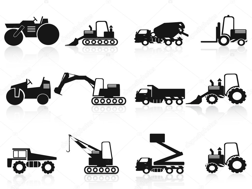 Black Construction Vehicles icons set