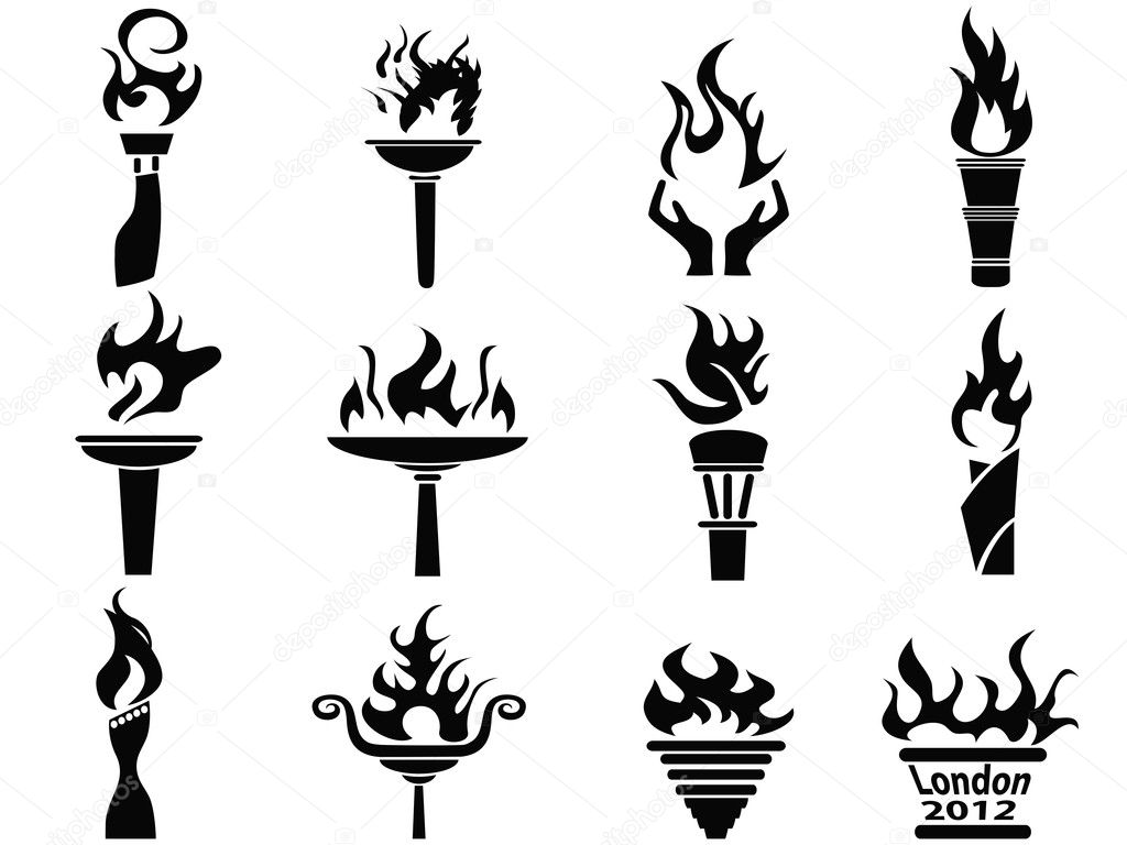 Black fire flame torch icons set