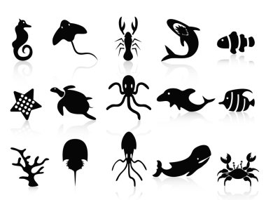 Black sea life icons set clipart
