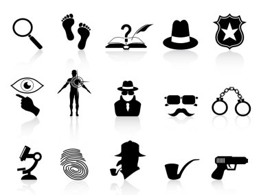 Black detective icons set clipart