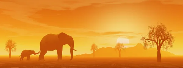 Mamma och lite elefant i savannen — Stockfoto