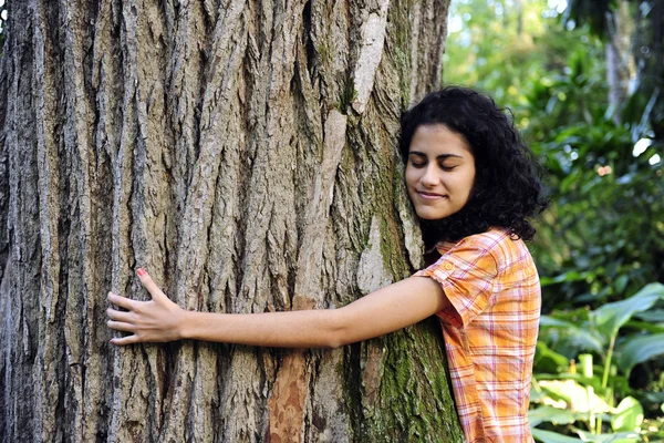 V lásce s přírodou: žena objímala strom v lese — Stock fotografie