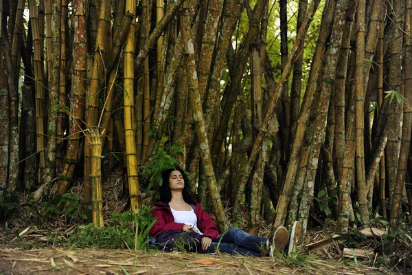 Ecotoerisme: vrouwelijke wandelaar ontspannen in de schaduw van bamboe — Stockfoto