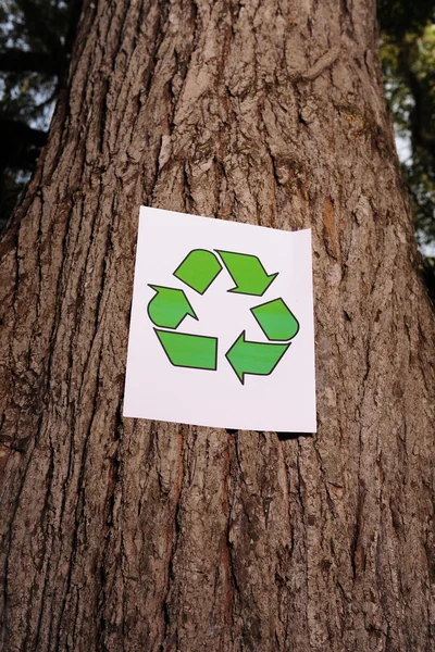 Recycling sign on the trunk of a tree — Stock Photo, Image
