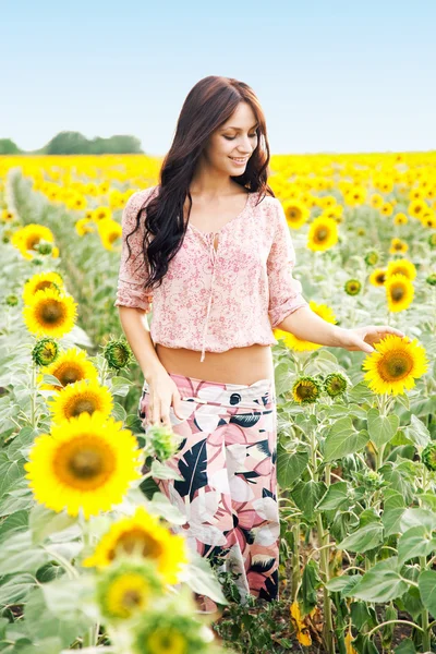 Beautiful lady in sunflower field — Stock Photo, Image