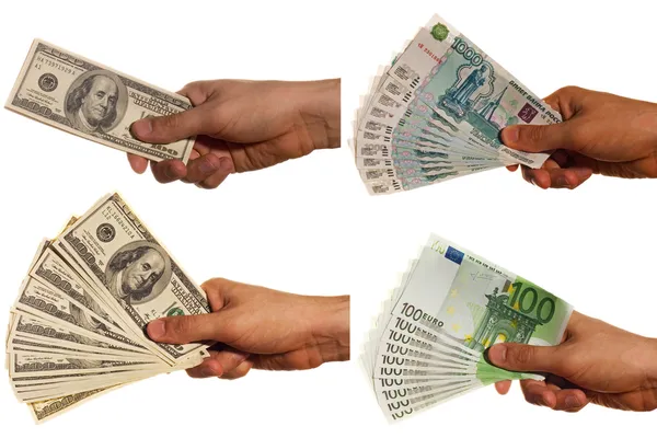 Billetes de dólar, euro y rublo en una mano — Foto de Stock
