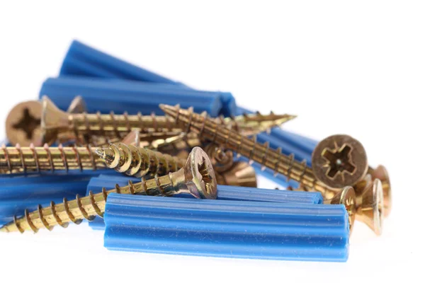 Blue dowels and screws — Stock Photo, Image