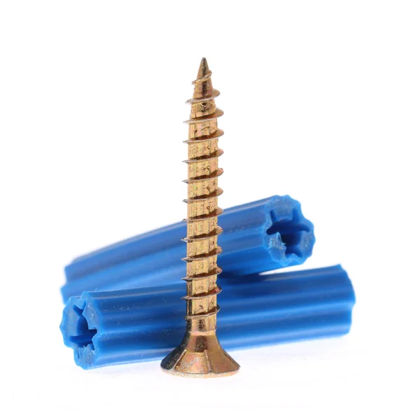 Blue dowels and golden screw — Stock Photo, Image