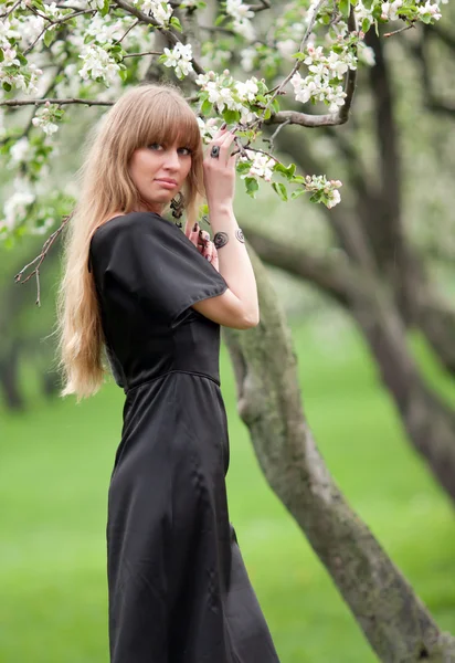 Das Mädchen hält einen Zweig eines blühenden Apfelbaums — Stockfoto