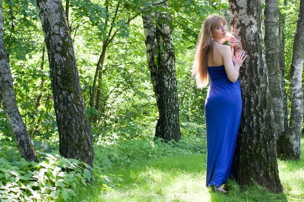 Das Mädchen im dunkelblauen Kleid in der Nähe einer Birke — Stockfoto