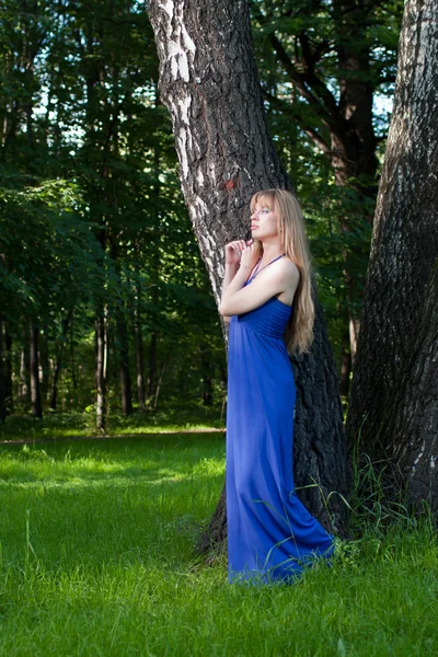 Kobieta w sukni w pobliżu brzozy — Zdjęcie stockowe