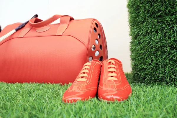 Röd bagage och skor — Stockfoto