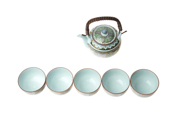 Set da tè in porcellana con ornamento verde — Foto Stock