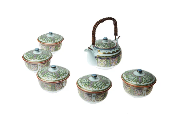 Ensemble de thé de Chine avec ornement vert — Photo