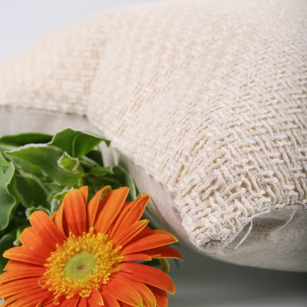 Orange Chrysanthemum and linen pillow — Stock Photo, Image
