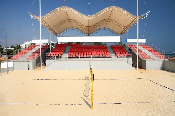 stock image Valleyball net on the beach with great landscape