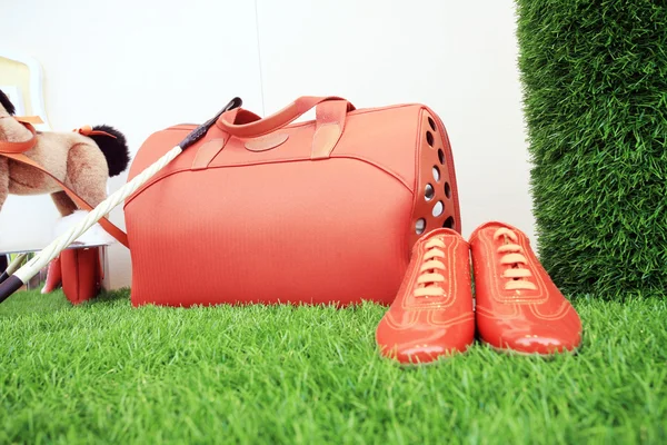 Красный багаж и обувь — стоковое фото