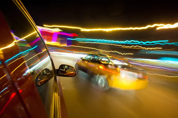 Night traffic,shoot from the window of rush car,motion blur stee — Stock Photo, Image