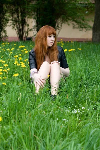 Girl sitting on a field of dandelions — Stock Photo, Image