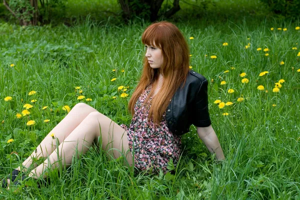 Flicka sitter på ett fält av maskrosor — Stockfoto