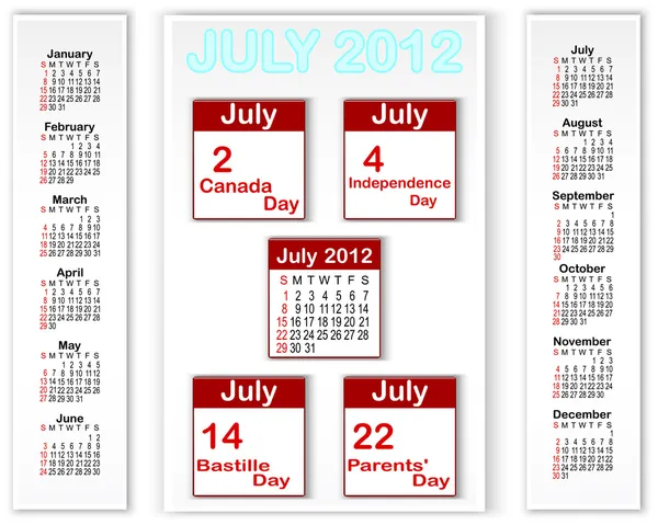 Calendario delle vacanze per luglio 2012 . — Vettoriale Stock