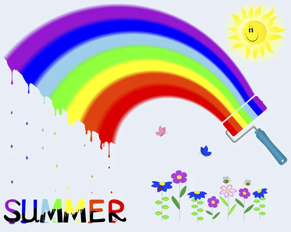 Regenboog en geschilderde de woord "zomer". — Stockvector