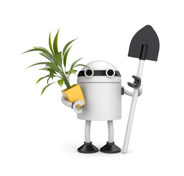 Robot holding pot with flower and shovel clipart