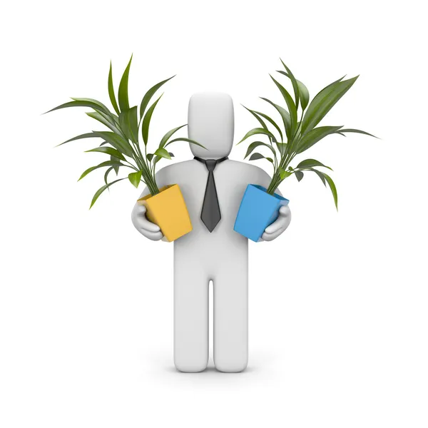 Businessman hold pots with plants — Stock Photo, Image