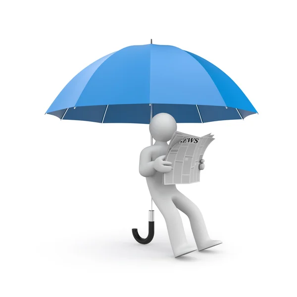 Person reads newspaper huddled under umbrella — Stock Photo, Image