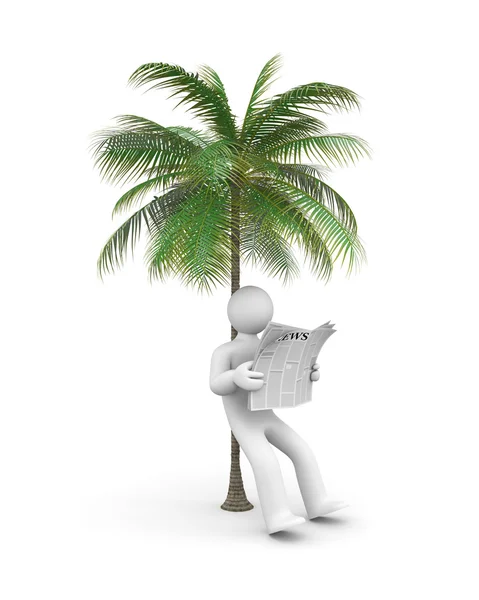 Человек под пальмой читает газету — стоковое фото