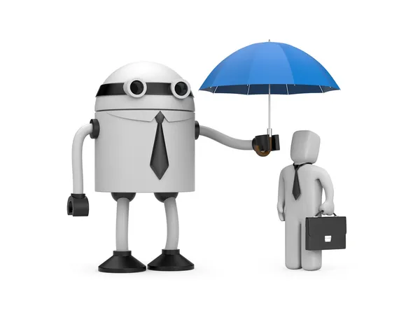 Робот держит зонт над бизнесменом — стоковое фото