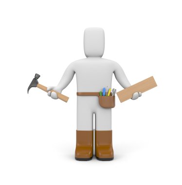 Worker with hammer and plank of wood clipart