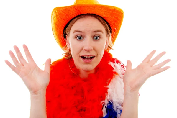Dutch soccer fan in orange outfit who looks surprised — Stock Photo, Image