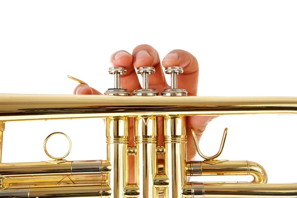 Visão de perto dos dedos do homem enquanto toca trompete — Fotografia de Stock