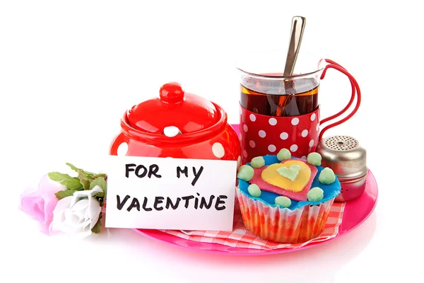 Frukost för min Valentine; kopp te och cupcake — Stockfoto