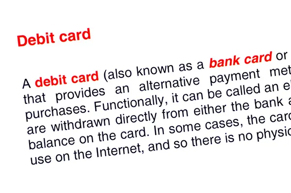Texto do cartão de débito destacado em vermelho — Fotografia de Stock