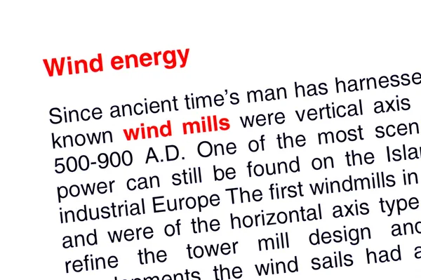 Wind energy text highlighted in red — Stock Photo, Image