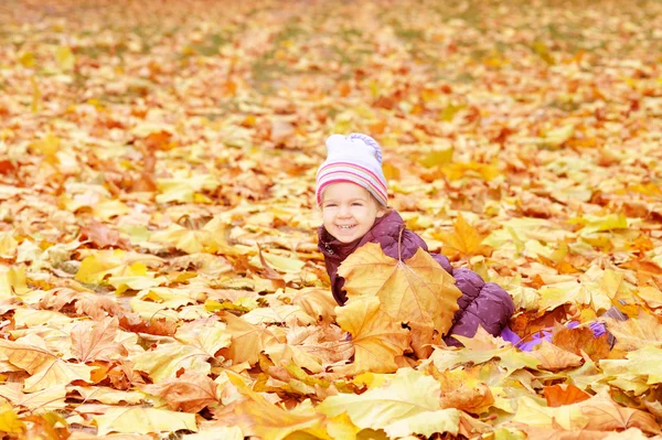 Toddler girl playing in autumn leaves — Stock Photo, Image