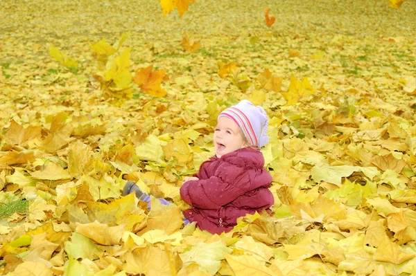 Toddler girl playing with autumn leaves — Stock Photo, Image
