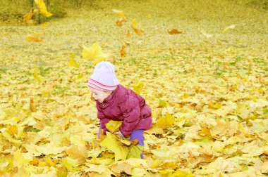 sonbahar yaprakları ile oynayan bebek kız