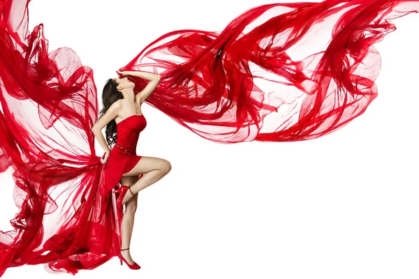 Woman Red Dress Flying on Wind Flow Dancing on White, Fashion Model — Zdjęcie stockowe