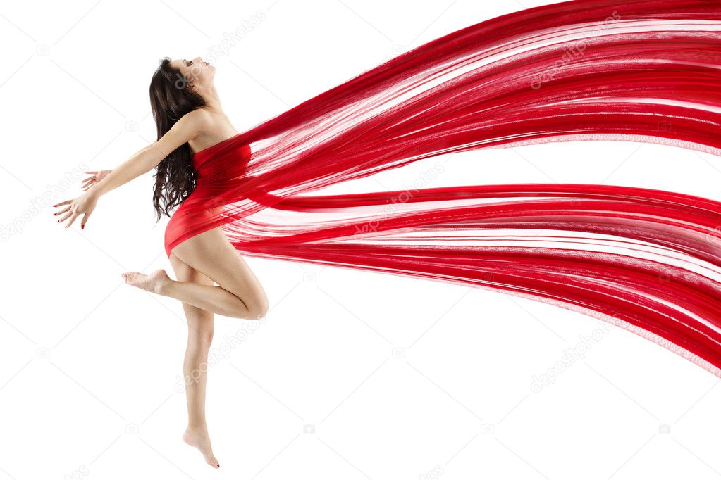 Woman dancing with red flying waving chiffon cloth. Dancer with