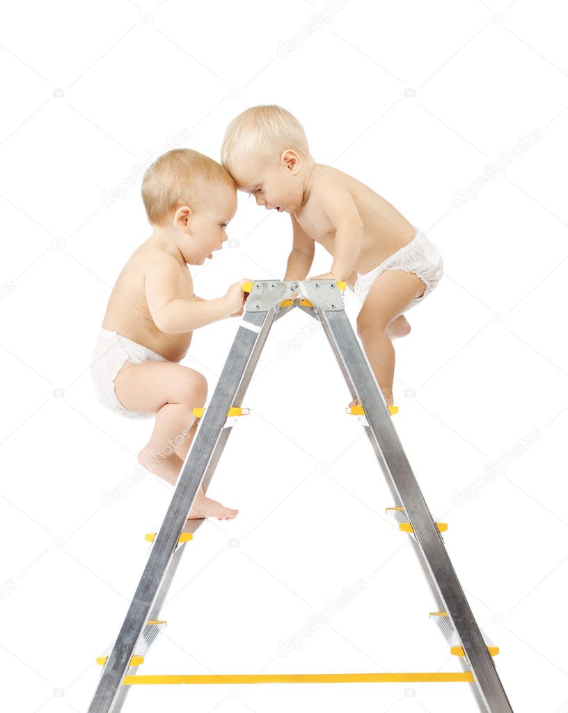 Two babies climbing on stepladder and fighting for first place