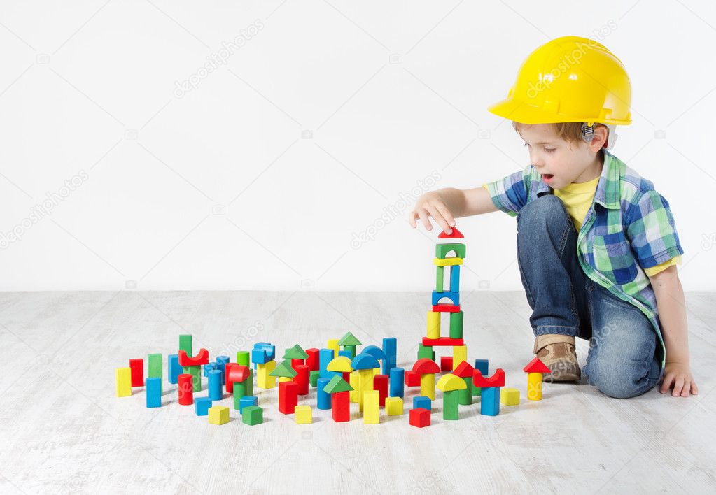 Kids Play Room, Child in Hard Hat Playing Building Blocks Toys
