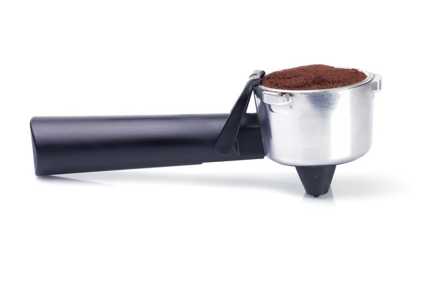 Espresso handvat gevuld met gemalen koffie — Stockfoto