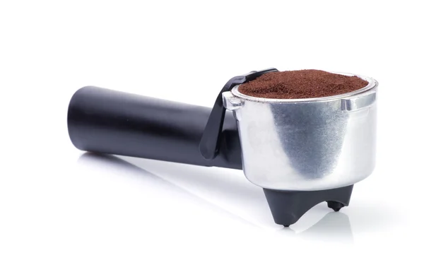 Espresso handvat gevuld met gemalen koffie Stockfoto