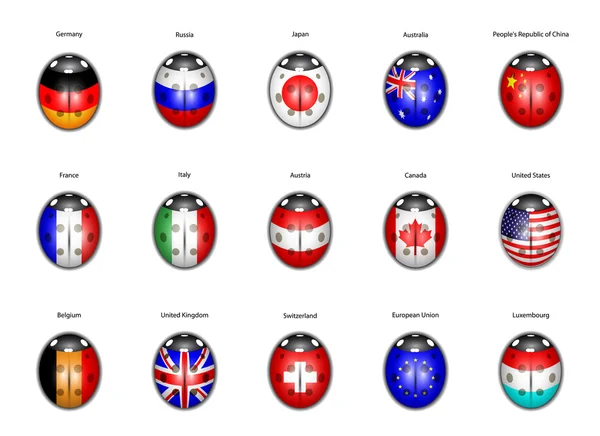 Conjunto de bandeiras de países sob a forma de joaninhas Vetores De Bancos De Imagens Sem Royalties