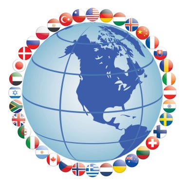 Flag icons around globe clipart