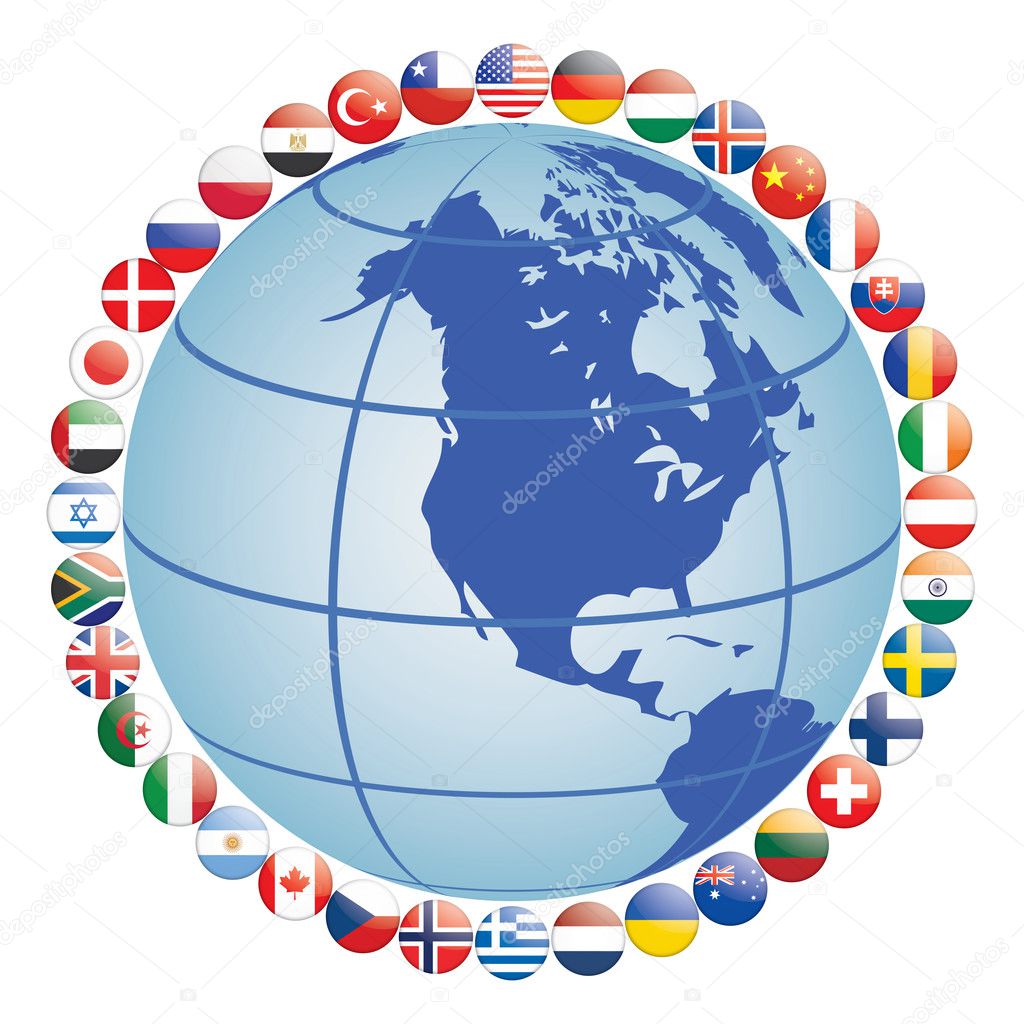 Flag icons around globe
